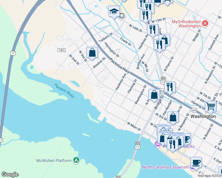 map of restaurants, bars, coffee shops, grocery stores, and more near 914 West 3rd Street in Washington