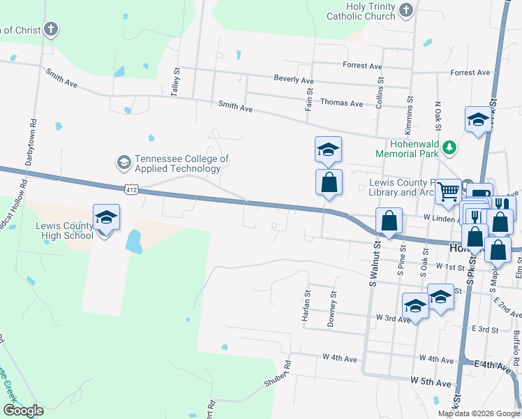 map of restaurants, bars, coffee shops, grocery stores, and more near 679 West Main Street in Hohenwald