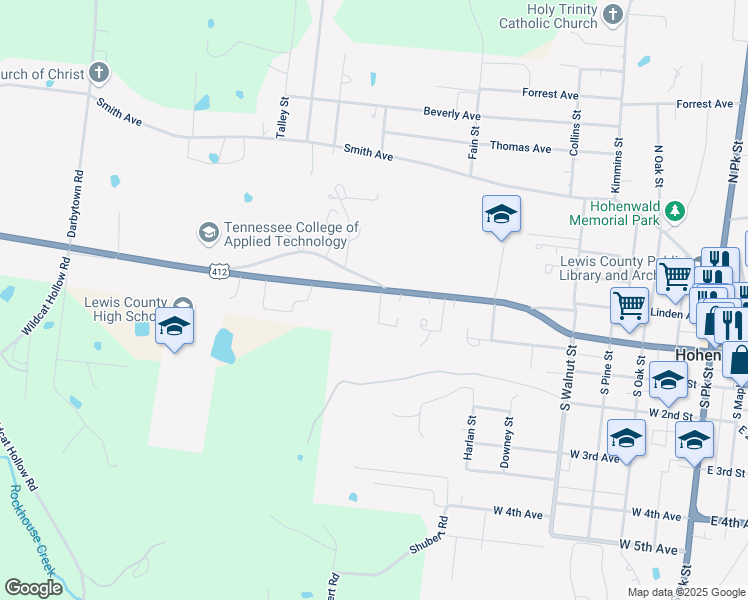map of restaurants, bars, coffee shops, grocery stores, and more near 706 Tennessee 20 in Hohenwald