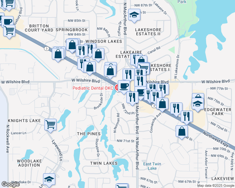 map of restaurants, bars, coffee shops, grocery stores, and more near 5940 Northwest Expressway in Oklahoma City