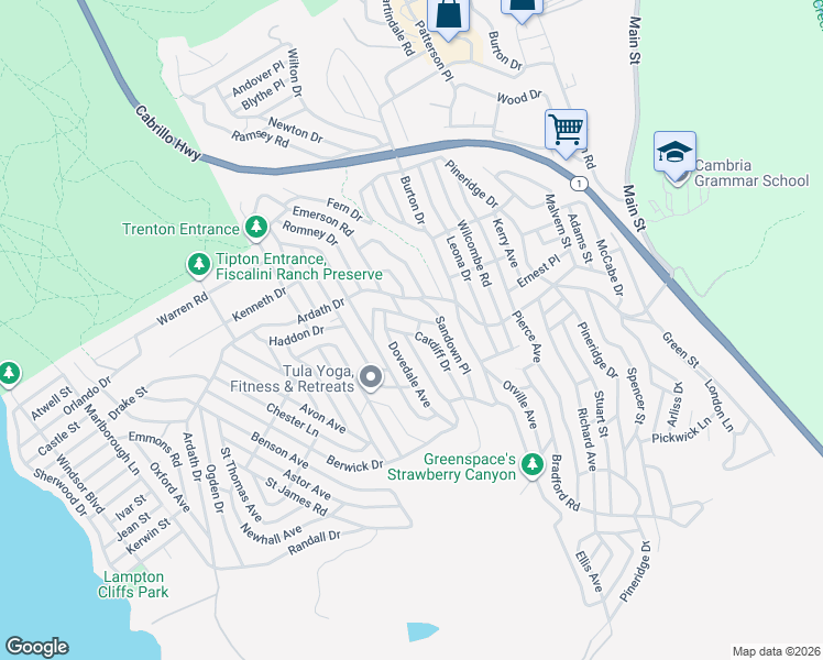 map of restaurants, bars, coffee shops, grocery stores, and more near Cardiff Drive in Cambria