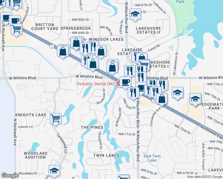 map of restaurants, bars, coffee shops, grocery stores, and more near 6036 Northwest Expressway in Warr Acres