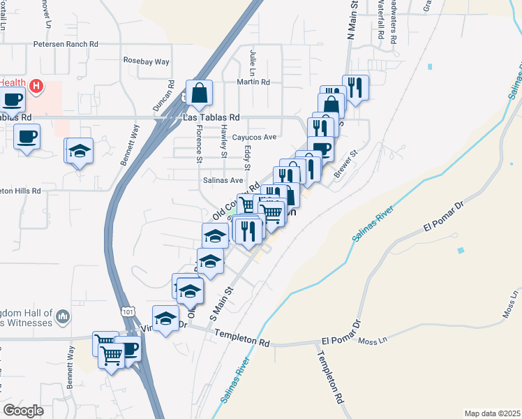 map of restaurants, bars, coffee shops, grocery stores, and more near 317 Crocker Street in Templeton