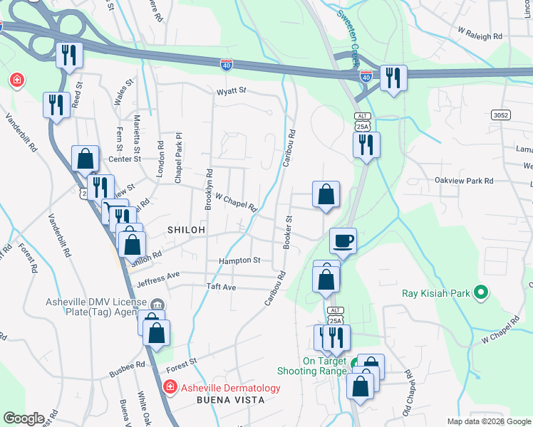 map of restaurants, bars, coffee shops, grocery stores, and more near 405 Caribou Road in Asheville