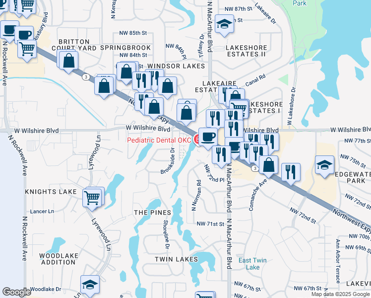 map of restaurants, bars, coffee shops, grocery stores, and more near 6036 Northwest Expressway in Warr Acres