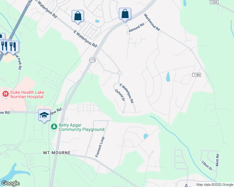 map of restaurants, bars, coffee shops, grocery stores, and more near 132 Oxford Drive in Mooresville