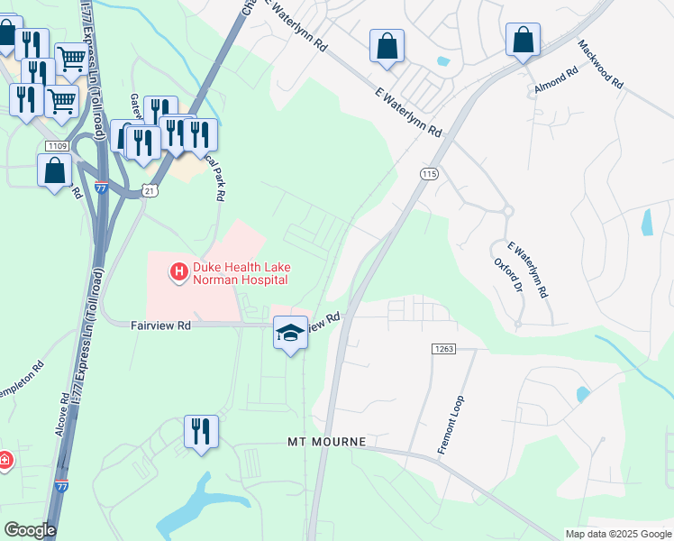 map of restaurants, bars, coffee shops, grocery stores, and more near Leslie Loop in Mooresville