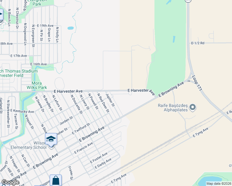 map of restaurants, bars, coffee shops, grocery stores, and more near 1600-1698 East Harvester Avenue in Pampa
