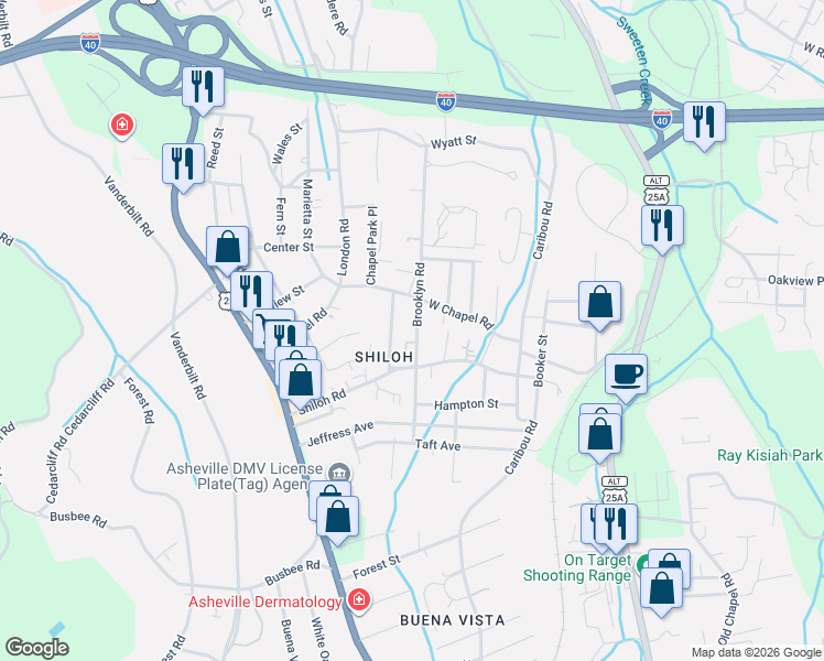 map of restaurants, bars, coffee shops, grocery stores, and more near 377 Brooklyn Road in Asheville
