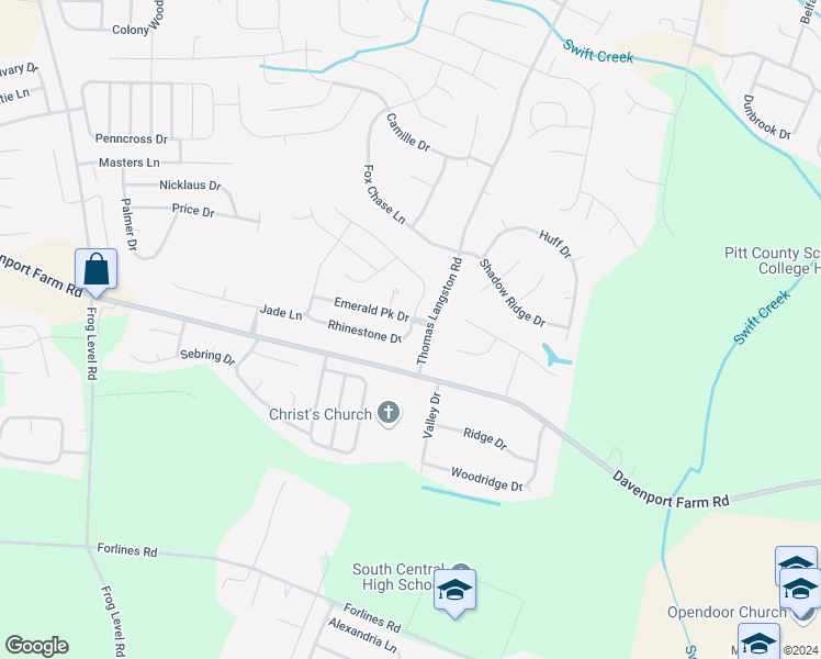 map of restaurants, bars, coffee shops, grocery stores, and more near Rhinestone Drive in Winterville