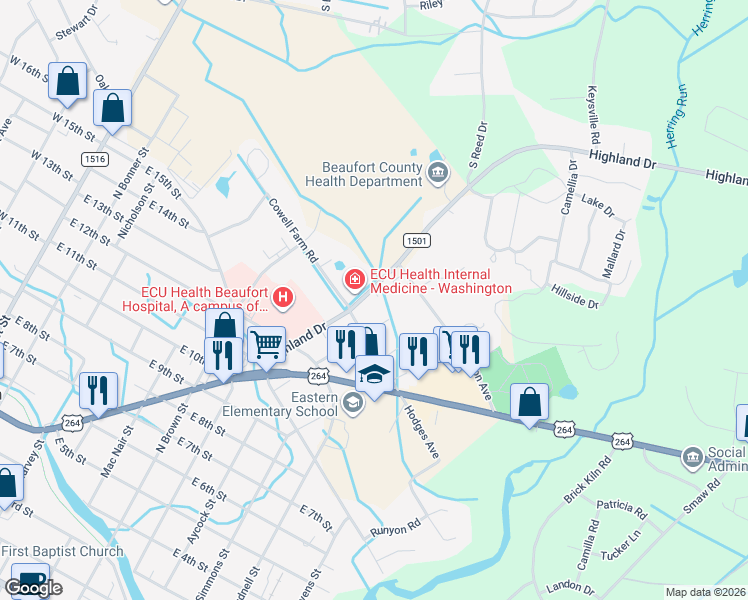 map of restaurants, bars, coffee shops, grocery stores, and more near 1313 Highland Drive in Washington
