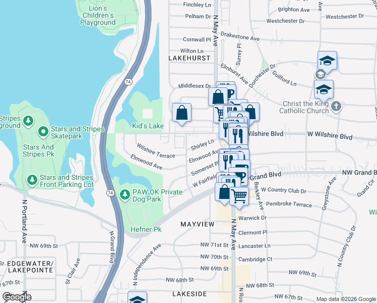 map of restaurants, bars, coffee shops, grocery stores, and more near 3012 Shirley Lane in Oklahoma City