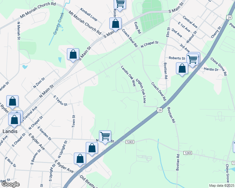 map of restaurants, bars, coffee shops, grocery stores, and more near 830 Georgia Oak Lane in Landis