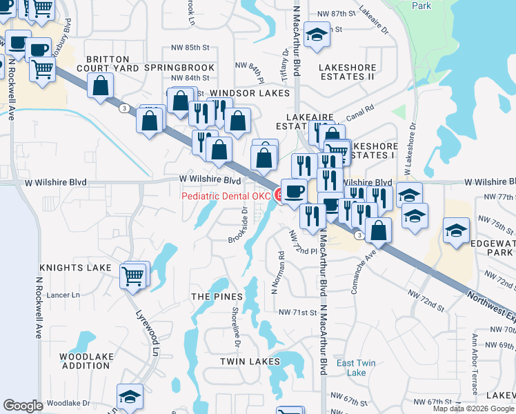 map of restaurants, bars, coffee shops, grocery stores, and more near 6036 Northwest Expressway in Warr Acres