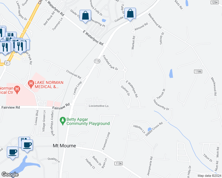 map of restaurants, bars, coffee shops, grocery stores, and more near 148 Alexandria Drive in Mooresville