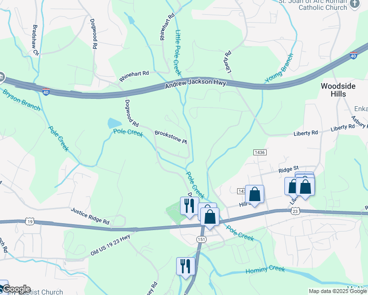 map of restaurants, bars, coffee shops, grocery stores, and more near 51 Brookstone Place in Candler