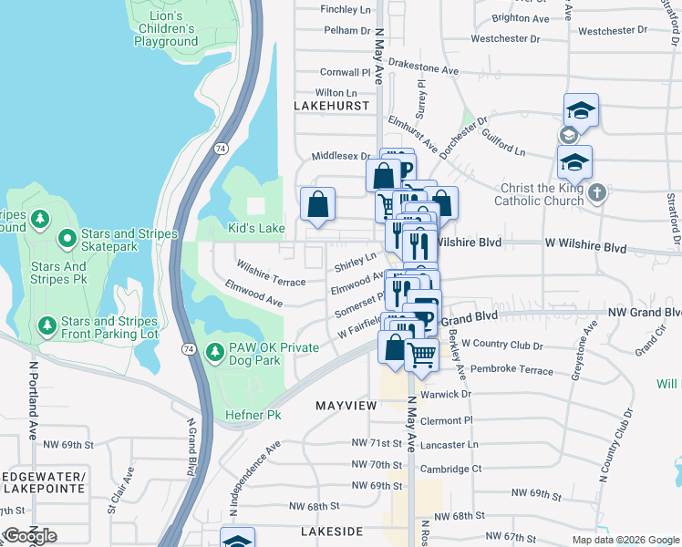 map of restaurants, bars, coffee shops, grocery stores, and more near 3012 Shirley Lane in Oklahoma City