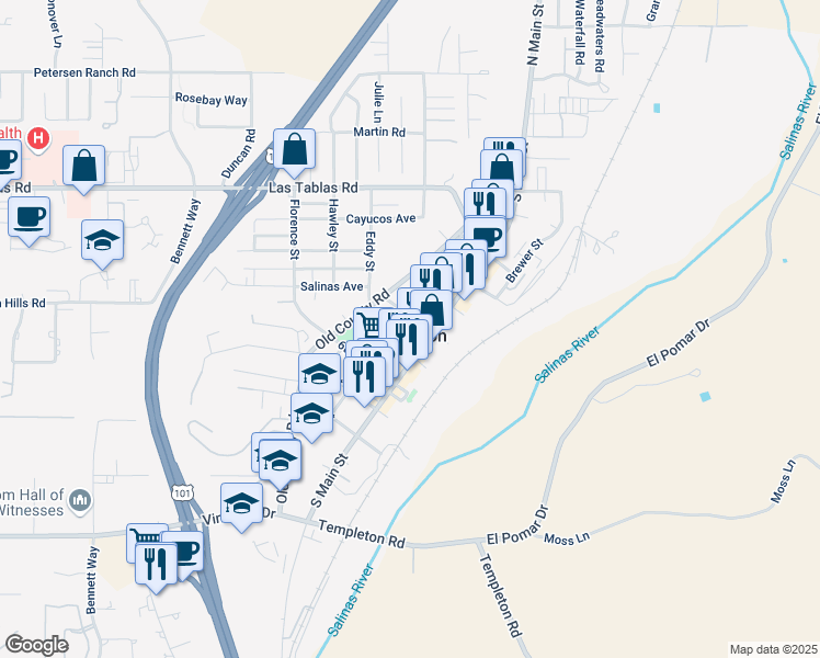 map of restaurants, bars, coffee shops, grocery stores, and more near in Templeton