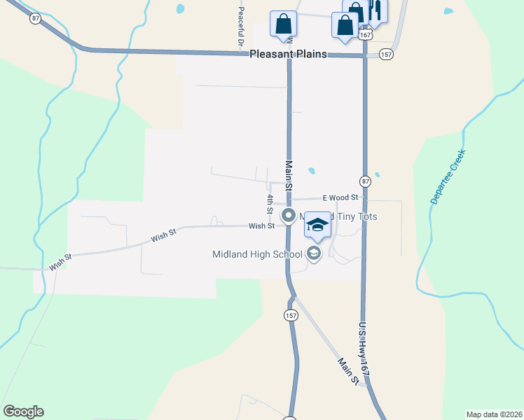map of restaurants, bars, coffee shops, grocery stores, and more near 51 4th Street in Pleasant Plains