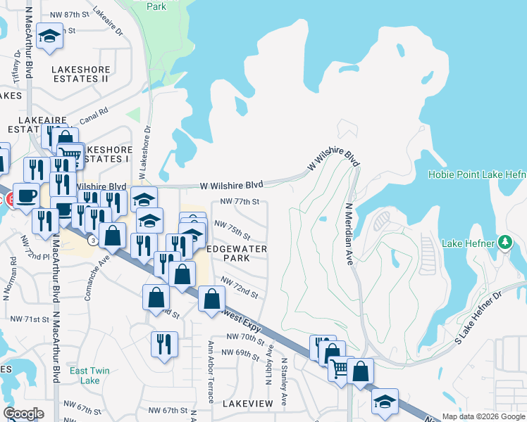 map of restaurants, bars, coffee shops, grocery stores, and more near 7713 Rumsey Road in Oklahoma City