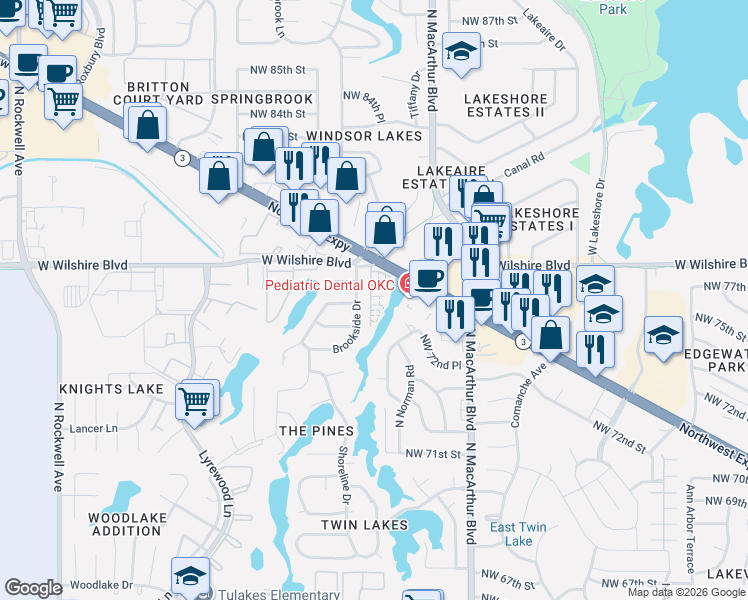 map of restaurants, bars, coffee shops, grocery stores, and more near 6036 Northwest Expressway in Warr Acres