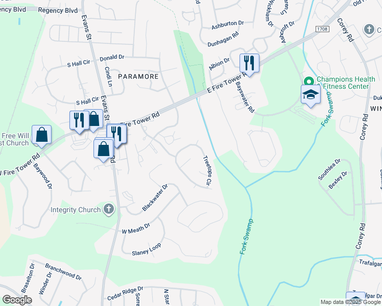 map of restaurants, bars, coffee shops, grocery stores, and more near 209 Oak Branches Close in Winterville