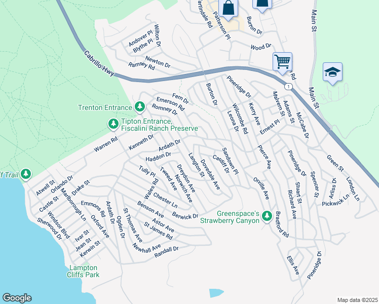map of restaurants, bars, coffee shops, grocery stores, and more near 1730 Langton Street in Cambria