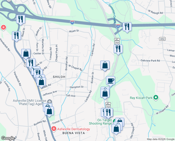 map of restaurants, bars, coffee shops, grocery stores, and more near 405 Caribou Road in Asheville