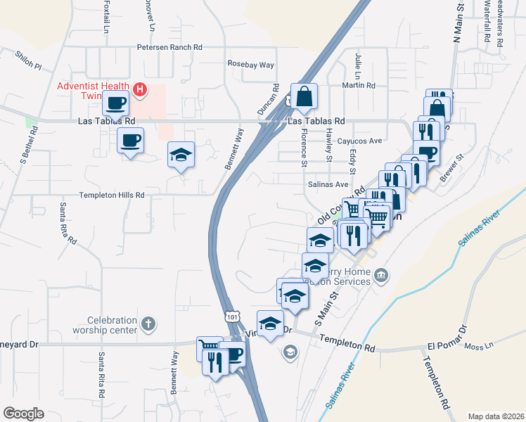 map of restaurants, bars, coffee shops, grocery stores, and more near 605 Ventana Del Robles in Templeton