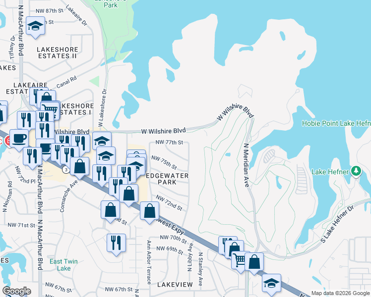 map of restaurants, bars, coffee shops, grocery stores, and more near 7713 Rumsey Road in Oklahoma City