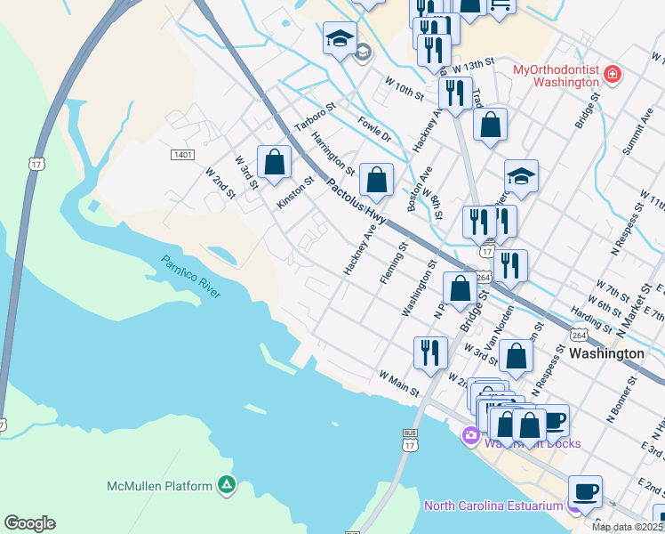 map of restaurants, bars, coffee shops, grocery stores, and more near 914 West 3rd Street in Washington