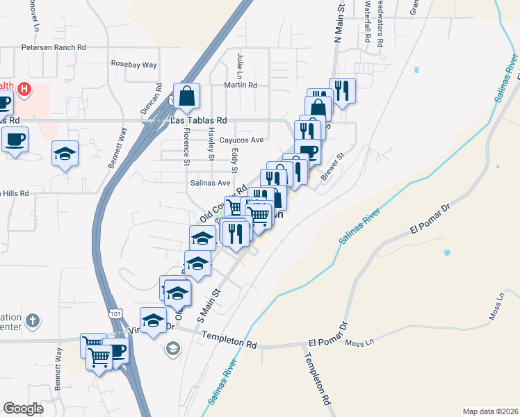 map of restaurants, bars, coffee shops, grocery stores, and more near in Templeton