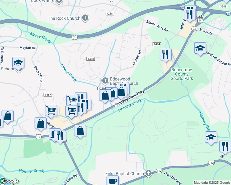 map of restaurants, bars, coffee shops, grocery stores, and more near 5 Moody Avenue in Candler