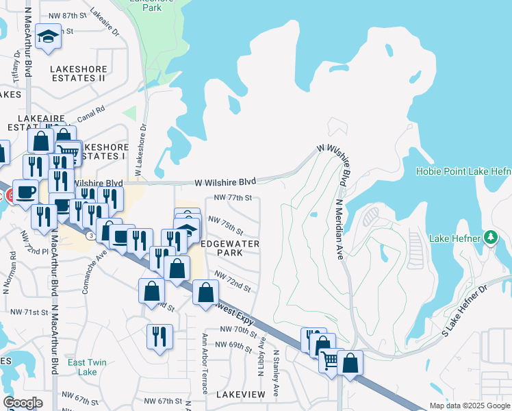 map of restaurants, bars, coffee shops, grocery stores, and more near 7713 Rumsey Road in Oklahoma City