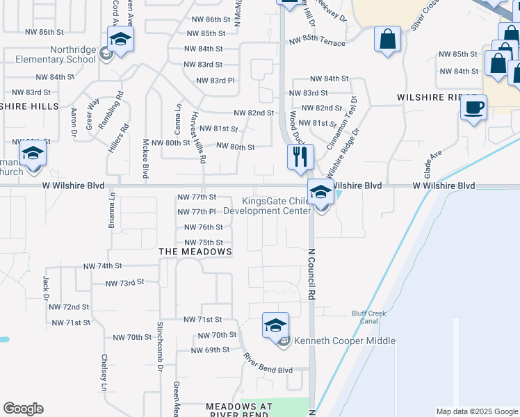 map of restaurants, bars, coffee shops, grocery stores, and more near 7705 Leichter Avenue in Oklahoma City