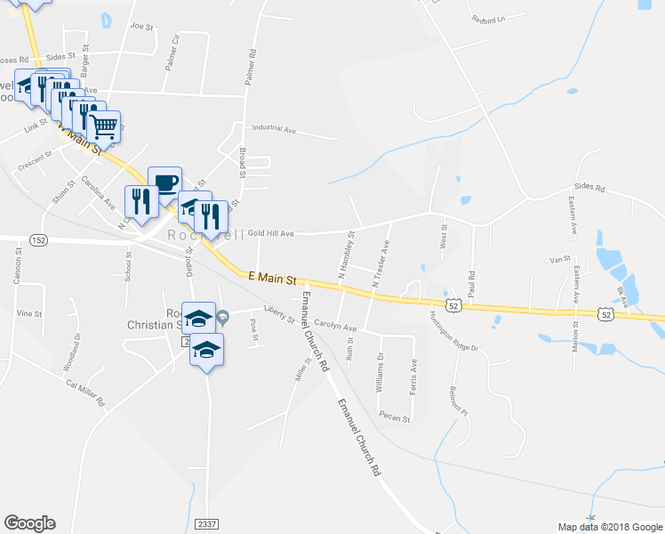 map of restaurants, bars, coffee shops, grocery stores, and more near 109 North Hambley Street in Rockwell