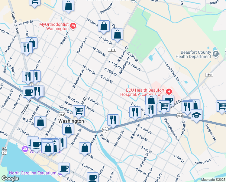 map of restaurants, bars, coffee shops, grocery stores, and more near 214 East 10th Street in Washington