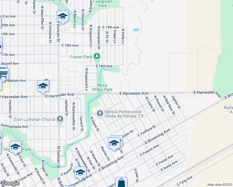 map of restaurants, bars, coffee shops, grocery stores, and more near 1121 East Harvester Avenue in Pampa