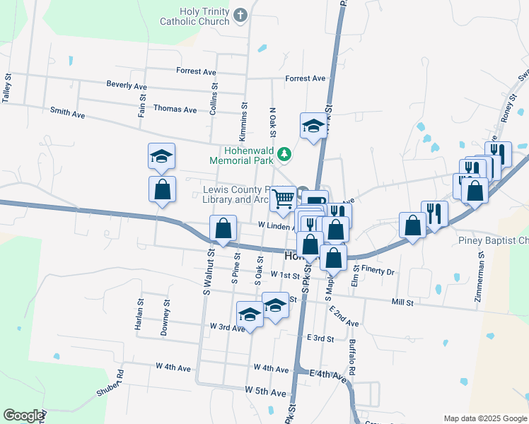 map of restaurants, bars, coffee shops, grocery stores, and more near 108 1/2 North Oak Street in Hohenwald
