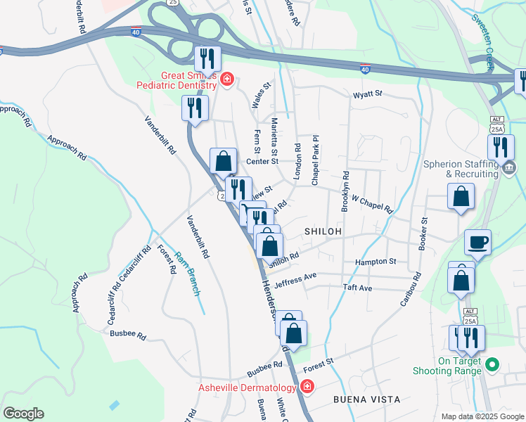 map of restaurants, bars, coffee shops, grocery stores, and more near 911 West Chapel Road in Asheville