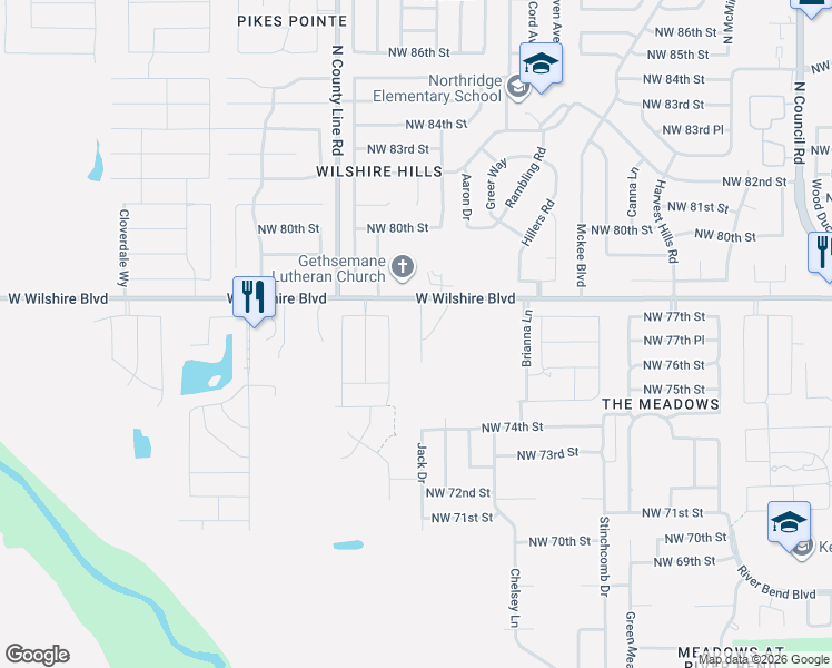 map of restaurants, bars, coffee shops, grocery stores, and more near 7705 Owen Lane in Oklahoma City