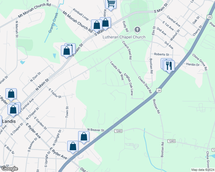 map of restaurants, bars, coffee shops, grocery stores, and more near 830 Georgia Oak Lane in Landis