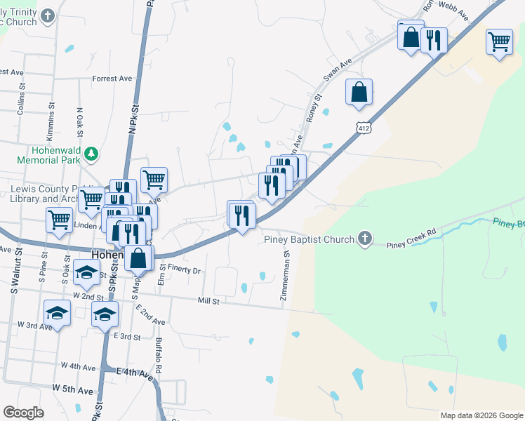 map of restaurants, bars, coffee shops, grocery stores, and more near 417 East Main Street in Hohenwald