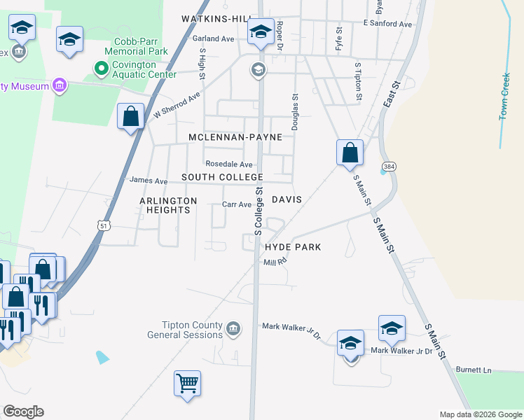 map of restaurants, bars, coffee shops, grocery stores, and more near 1504 S College St in Covington