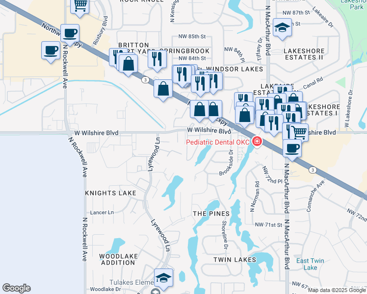 map of restaurants, bars, coffee shops, grocery stores, and more near 7828 Lyrewood Lane in Oklahoma City