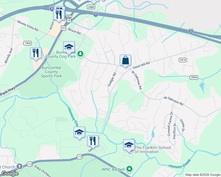 map of restaurants, bars, coffee shops, grocery stores, and more near 55 Gudger Road in Asheville