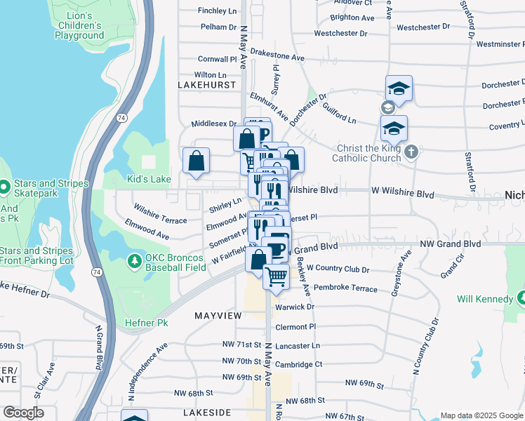 map of restaurants, bars, coffee shops, grocery stores, and more near 7727 North May Avenue in Oklahoma City