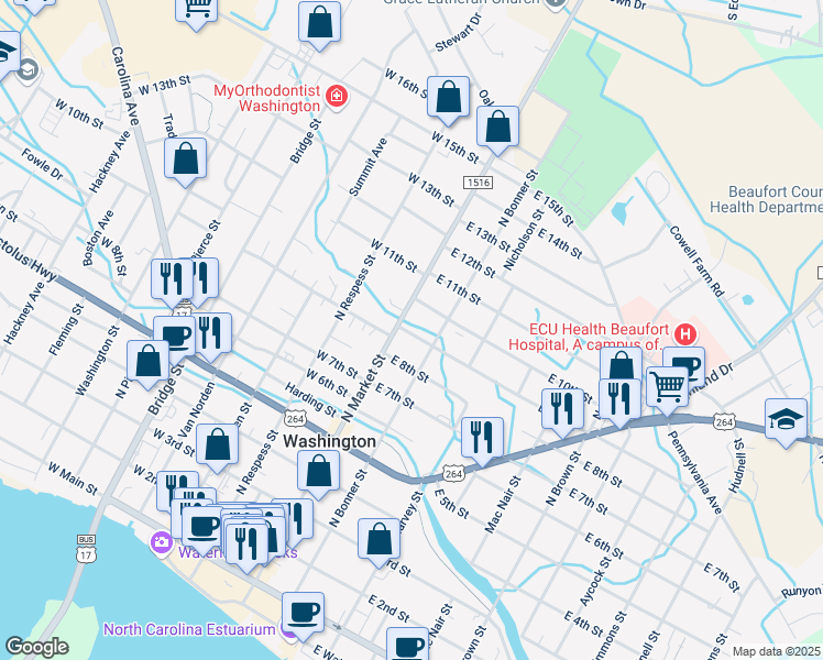 map of restaurants, bars, coffee shops, grocery stores, and more near 102 East 9th Street in Washington