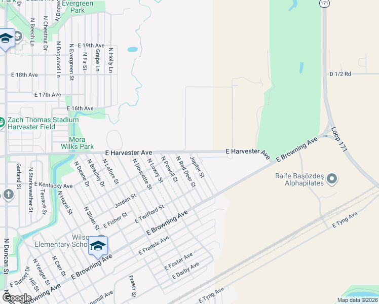 map of restaurants, bars, coffee shops, grocery stores, and more near 1600 East Harvester Avenue in Pampa