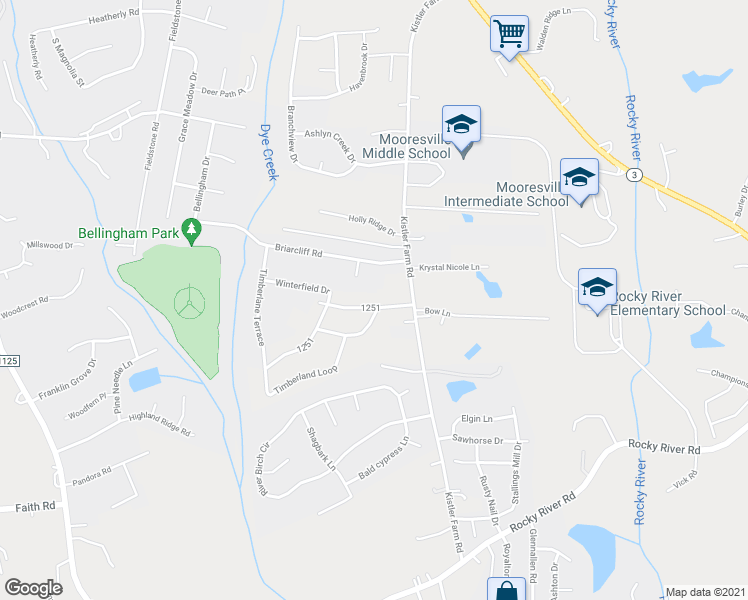 map of restaurants, bars, coffee shops, grocery stores, and more near 124 Timberland Loop in Mooresville